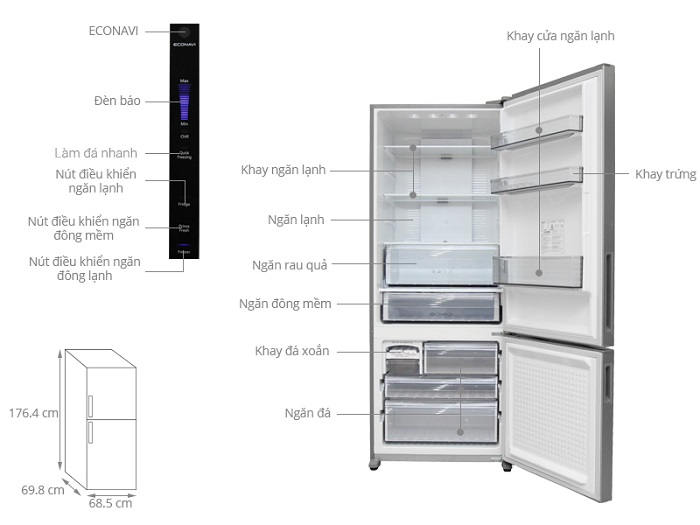 kích thước tủ lạnh 2 cánh panasonic 495 lít