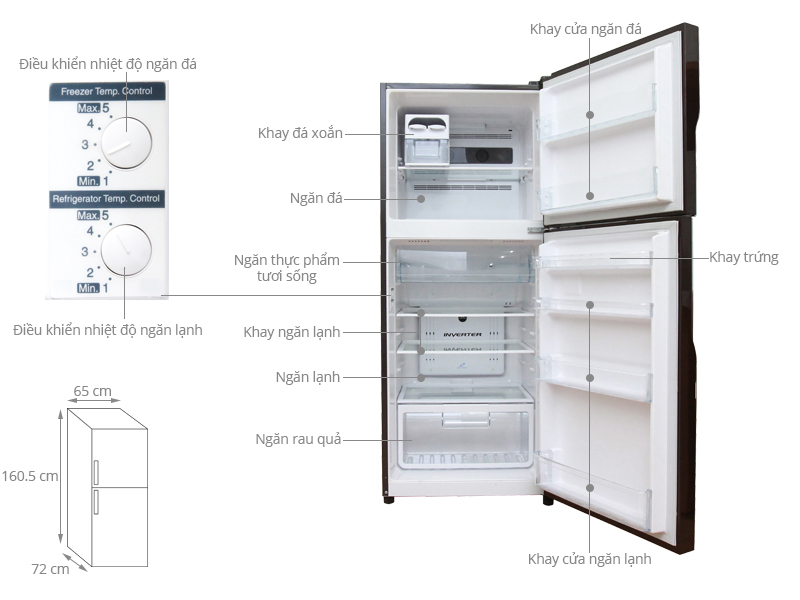 kích thước tủ lạnh hitachi 335L